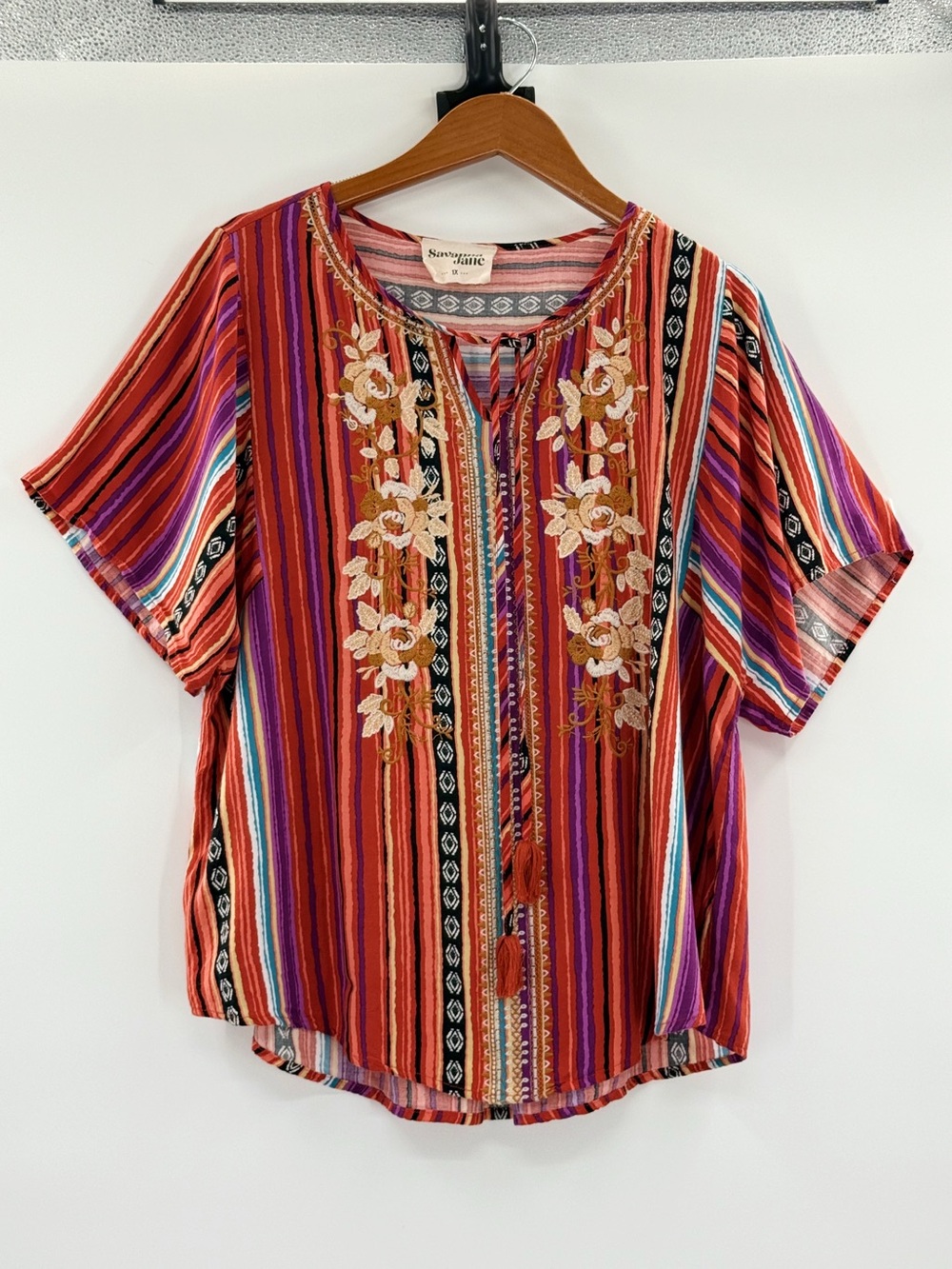 Savanna Jane 1X Embroidered Boho Peasant Top Tassel Tie Striped Floral - Picture 14 of 14